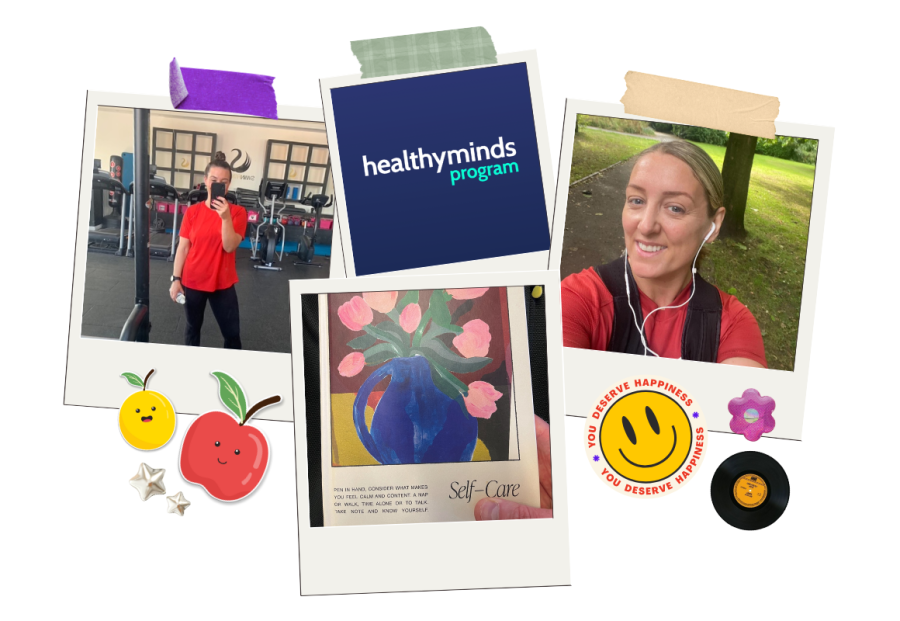 a collection of images of Salford CVS staff members and the activities they take part in to help their mental health including running, the gym, reading and music