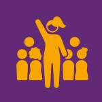 Simple icon of people with raised hands and smaller child figures in the background