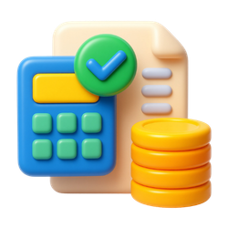 A 3d graphic of a calculator with some coins and a large green check mark.