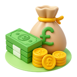 A 3D cartoon graphic of coins and notes in stacks.