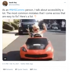 Screenshot of start of twitter thread on accessible comms from Sarah Key