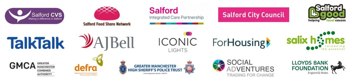 Logos of organisations that have supported Salford's Food Response since 2020